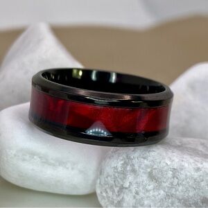 Titanium Steel- Red Opal Stripe Design Wedding Black Band Ring
